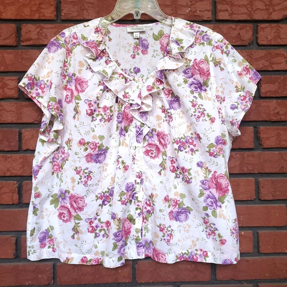 Dressbarn Woman Floral Top Sz 22 / 24 Cropped Ruffle Neck Button Up Cap Sleeve